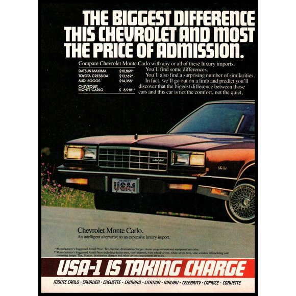 1983 Chevy Monte Carlo 2 Page Vintage Print Ad USA-1 Wall Art Photo Man Cave - Picture 2 of 3